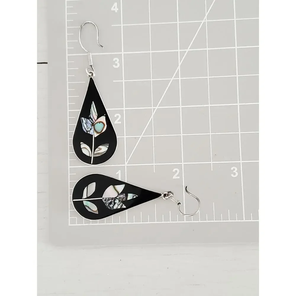 Vintage Sterling Silver Black Enamel & Abalone Shell Dangle Drop Earrings